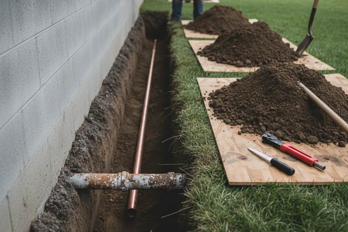 Excavated water line trench during Sewer Line Repair in Groton